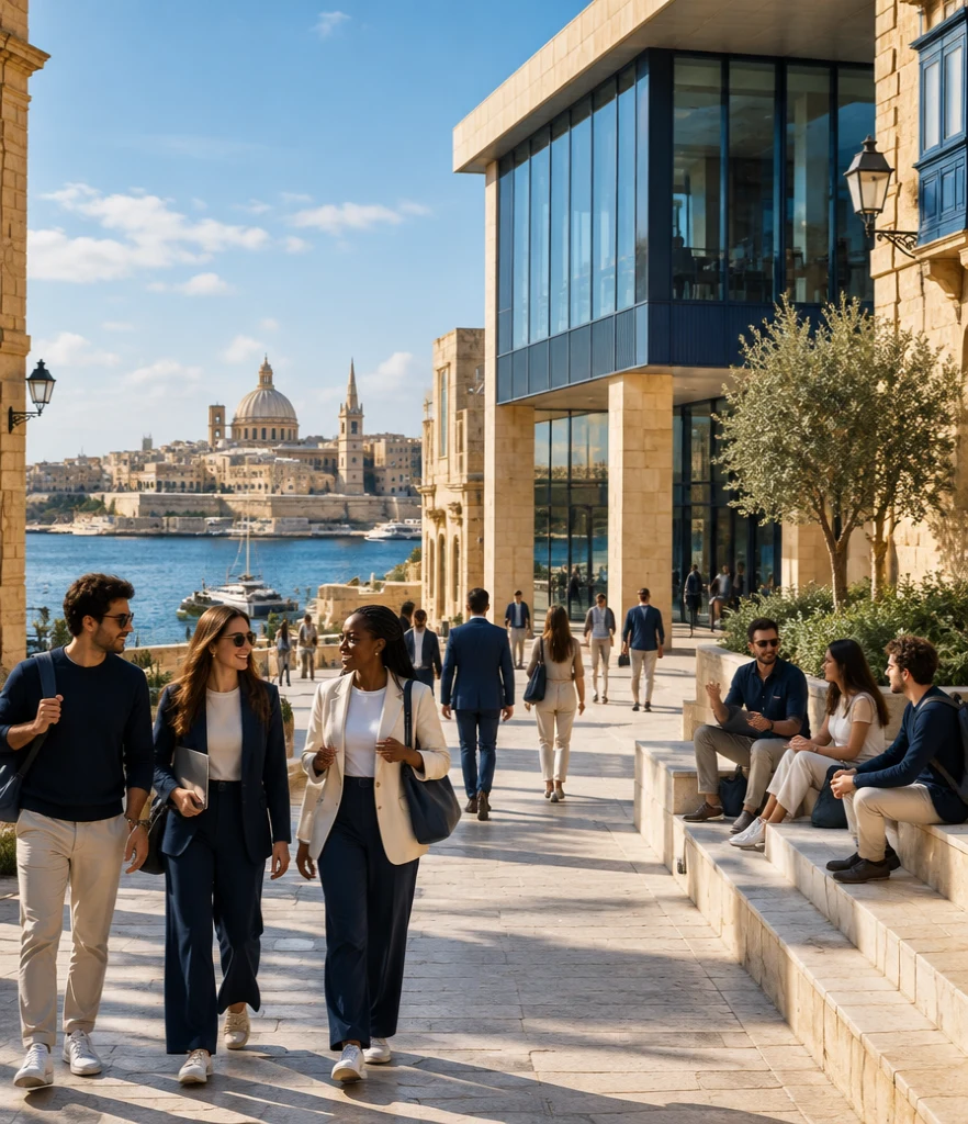 Concept of student life among Malta’s limestone buildings beside the harbour